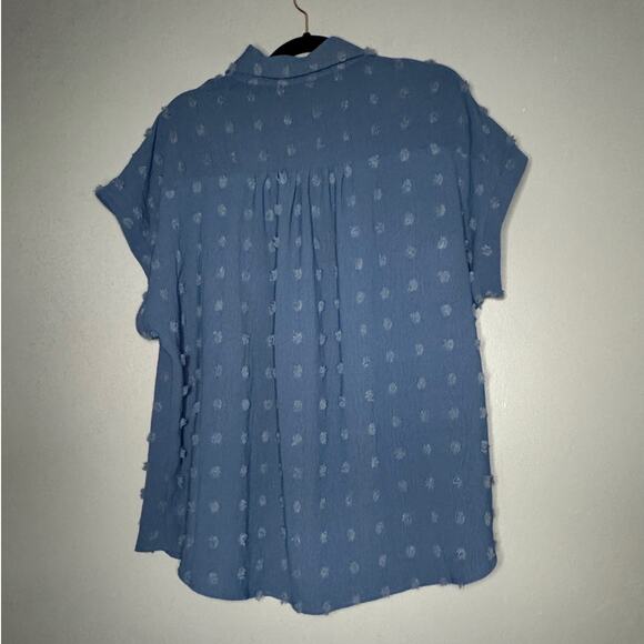 Bothenial XXL Button Down Shirt Chiffon Blouse Gray Blue Puff Polka Round Hem - Picture 7 of 8